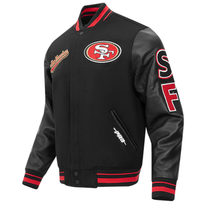 San Francisco 49ers Script Tail Classic Rib Black Wool & Genuine Leather Sleeves Men's Varsity Letterman Jacket