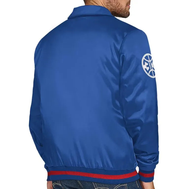 Detroit Pistons Stitch Applique Full-Snap Varsity Blue Satin Men's Bomber Jacket