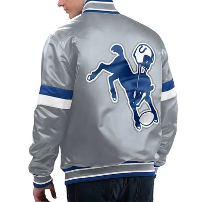 Indianapolis Colts Gridiron Classics Home Game Full-Snap Varsity Gray Satin Men's Bomber Jacket