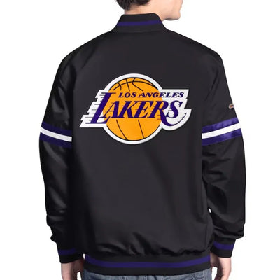 Los Angeles Lakers Scout Full-Snap Varsity Black Satin Men's Bomber Jacket