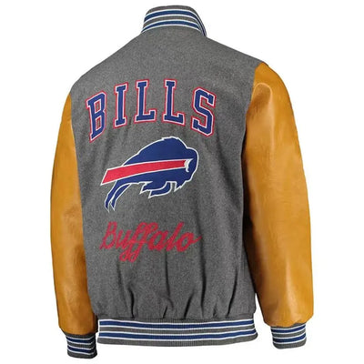 Buffalo Bills Gray Wool and Gold Leather Sleeves Full-Snap Varsity Men's Jacket