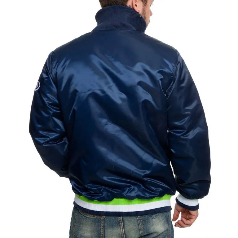 Seattle Seahawks Neon Embroidery Full-Snap Varsity Navy Blue Satin Men's Bomber Jacket