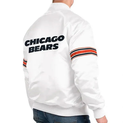 Chicago Bears The Power Forward Full-Snap Varsity White Satin Men's Bomber Jacket