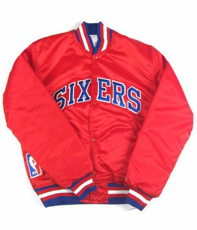 Philadelphia 76ers Vintage Full-Snap Varsity Red Satin Men's Bomber Jacket