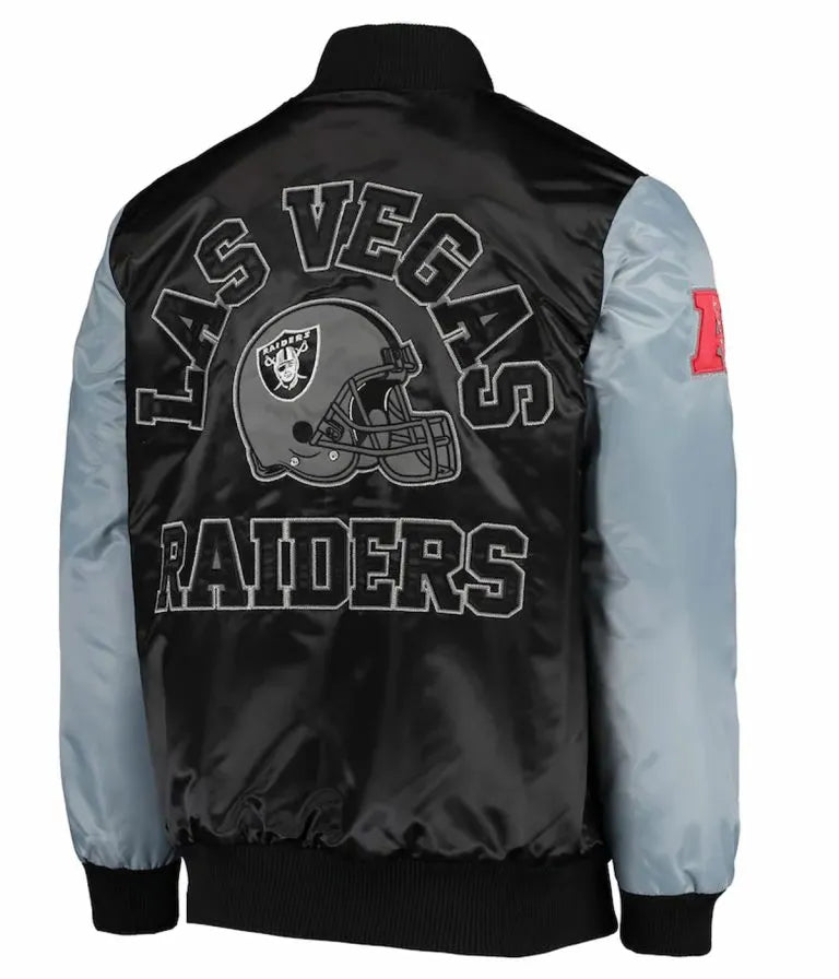 Los Angeles Raiders Full-Snap Varsity Grey and Black Satin Men's Bomber Jacket