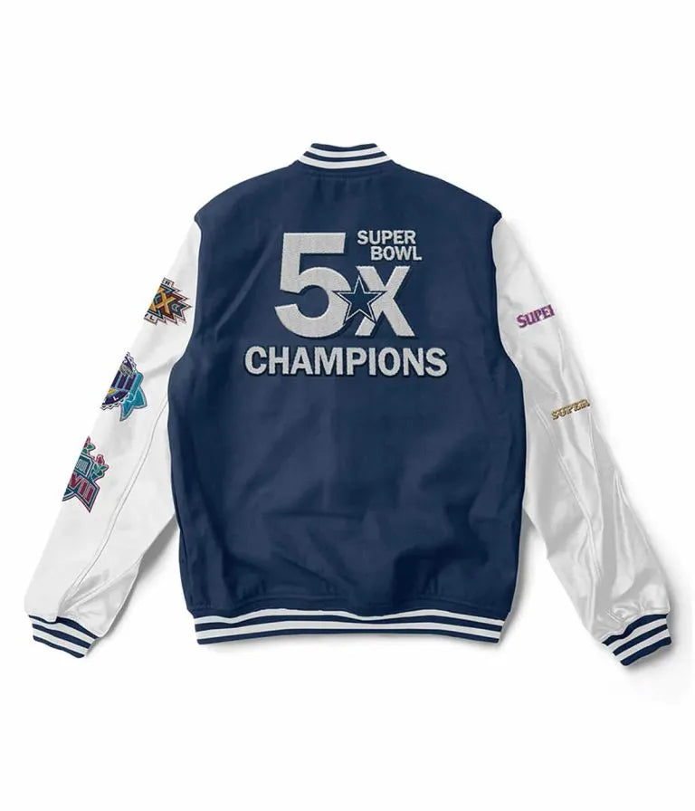 Dallas Cowboys Super Bowl 5x Champions Navy Blue Wool & White Genuine Leather Sleeves Men's Varsity Jacket