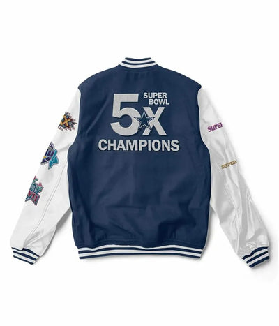 Dallas Cowboys Super Bowl 5x Champions Navy Blue Wool & White Genuine Leather Sleeves Men's Varsity Jacket