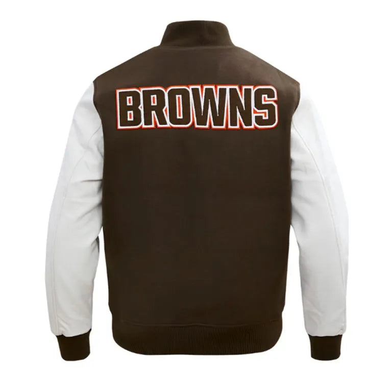 Cleveland Browns Classic Brown Wool & White Genuine Leather Sleeves Men's Varsity Jacket