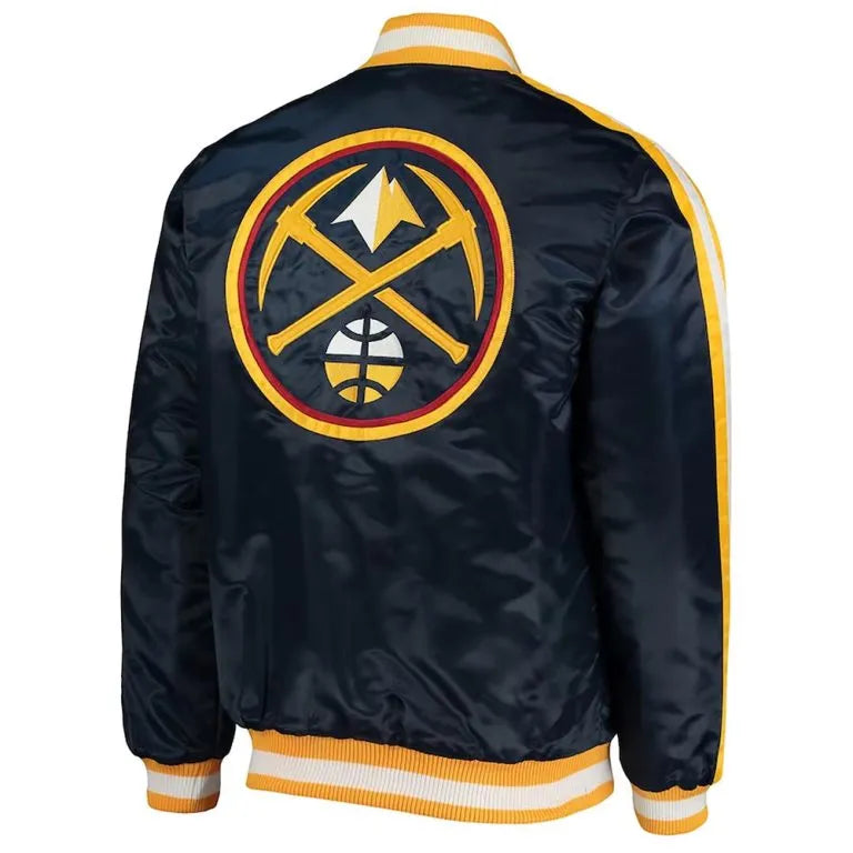 Denver Nuggets Offensive Full-Snap Varsity Navy Blue Satin Men's Bomber Jacket