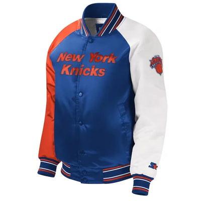 New York Knick Youth Full-Snap Varsity Tri-Color Satin Men's Bomber Jacket