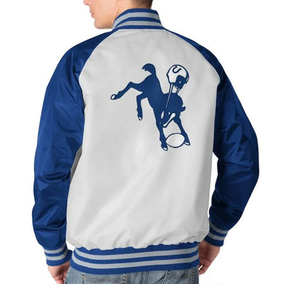Indianapolis Colts Throwback Full-Snap Varsity White and Blue Satin Men's Bomber Jacket