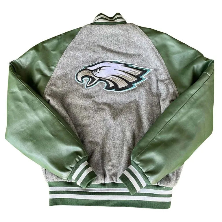 Philadelphia Eagles American Flag Gray Wool & Green Leather Sleeves Men's Varsity Letterman Jacket