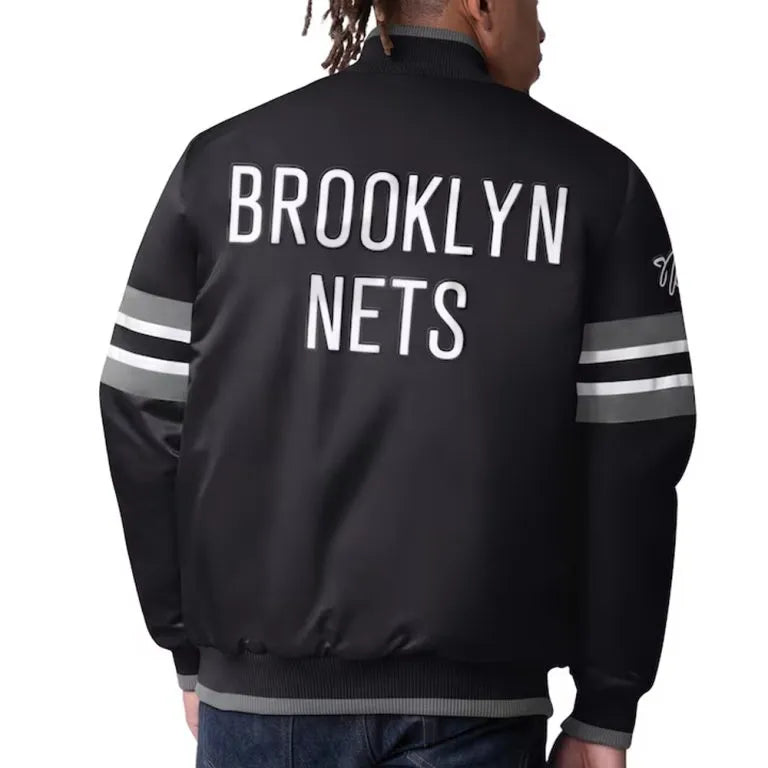 Brooklyn Nets Scout I Full-Snap Varsity Black Satin Men's Bomber Jacket