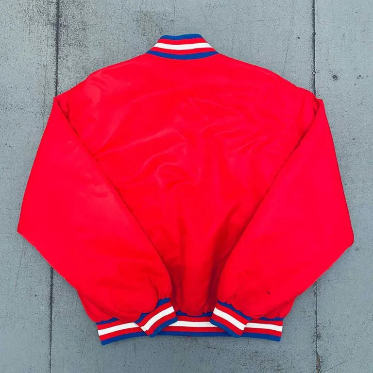 1980’s Philadelphia 76ers Full-Snap Varsity Red Satin Men's Bomber Jacket