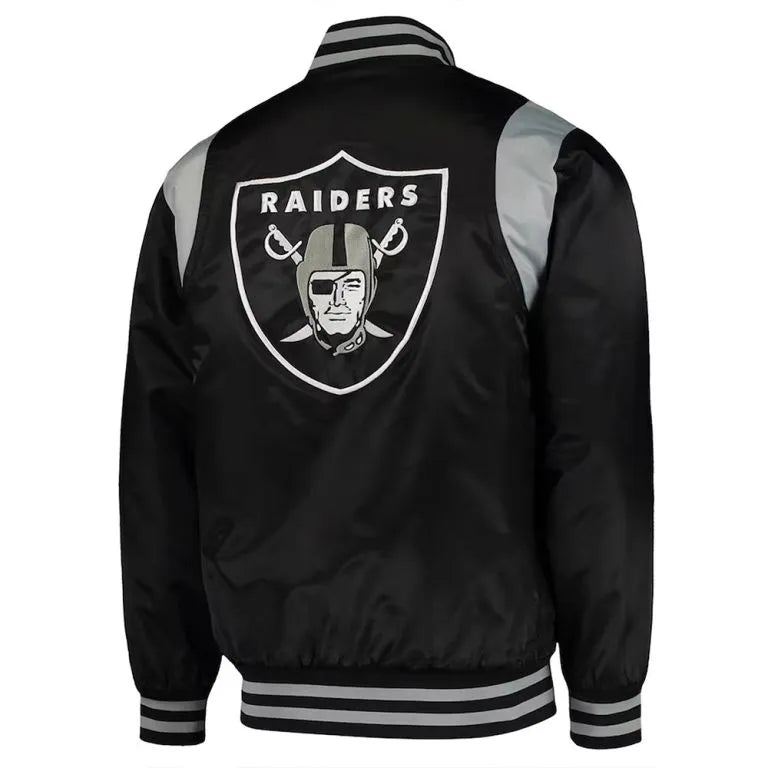 Los Angeles Raiders Prime Time Full-Snap Varsity Black/Silver Satin Men's Bomber Jacket
