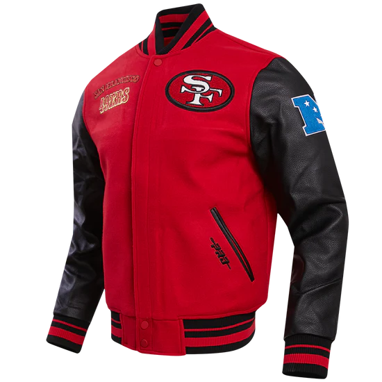 San Francisco 49ers Mash Up Retro Classic Red Wool & Black Genuine Leather Sleeves Men's Varsity Letterman Jacket