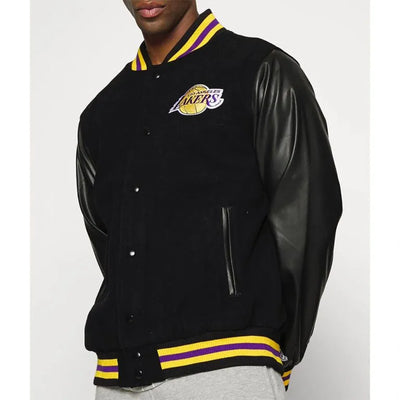 Los Angeles Lakers Training Team Logo Varsity Black Wool & Genuine Leather Sleeves Men's Bomber Jacket