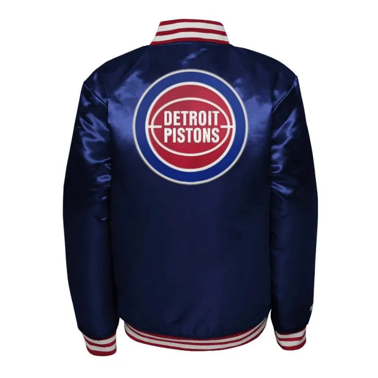 Detroit Pistons Heavyweight Full-Snap Varsity Navy Blue Satin Men's Bomber Jacket