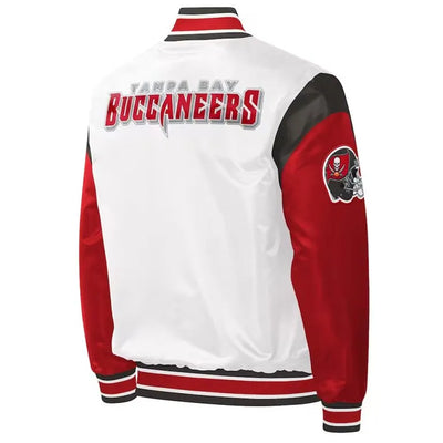 Tampa Bay Buccaneers Throwback Warm Up Pitch Full-Snap Varsity Red & White Satin Men's Bomber Jacket