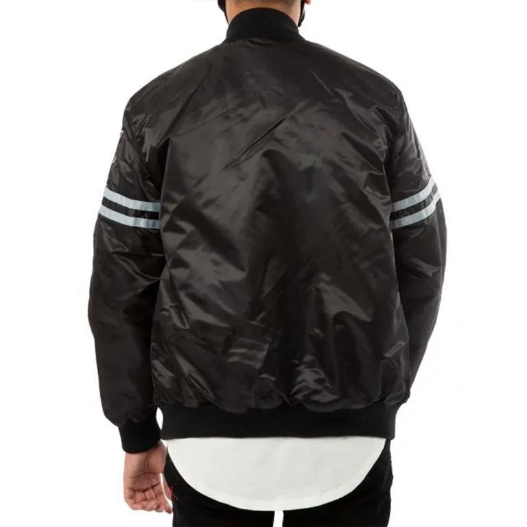 Los Angeles Raiders Striped Full-Snap Varsity Black Satin Men's Bomber Jacket