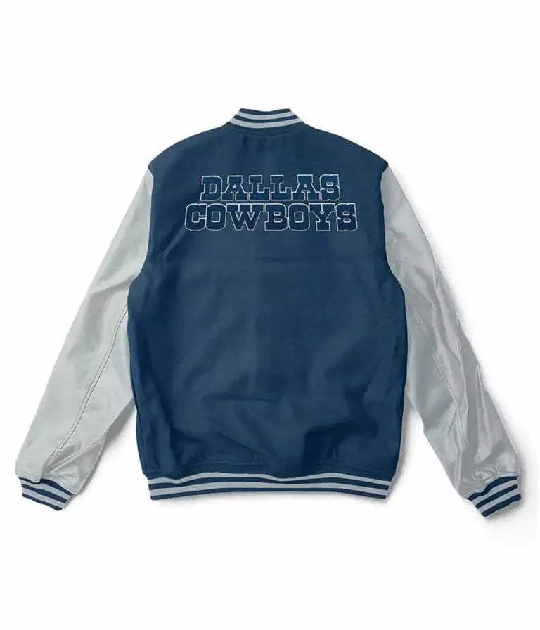 Dallas Cowboys Blue Wool & Gray Genuine Leather Sleeves Men's Varsity Jacket