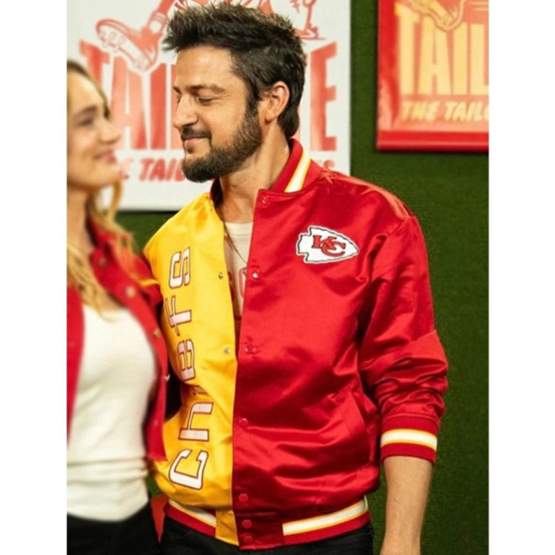 Kansas City Chiefs Holiday Touchdown Full-Snap Varsity Red Satin Men's Bomber Jacket