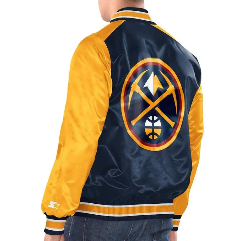 Denver Nuggets Renegade Full-Snap Varsity Navy Blue and Gold Satin Men's Bomber Jacket