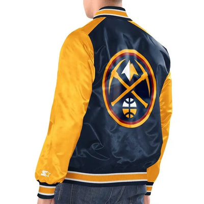Denver Nuggets Renegade Full-Snap Varsity Navy Blue and Gold Satin Men's Bomber Jacket