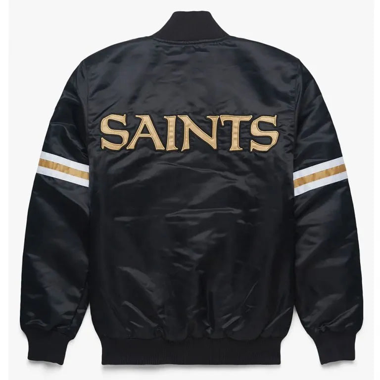 New Orleans Saints Striped Full-Snap Varsity Black Satin Men's Bomber Jacket