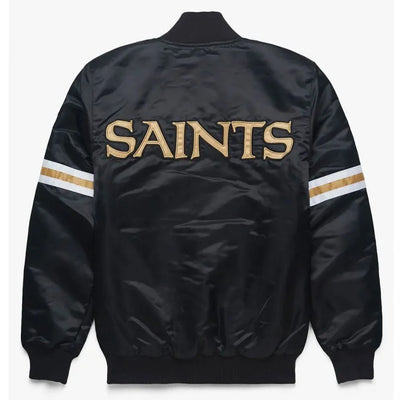 New Orleans Saints Striped Full-Snap Varsity Black Satin Men's Bomber Jacket