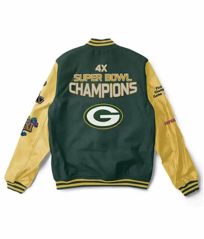 Green Bay Packers Green Wool and Cream Genuine Leather Sleeves Men's Varsity Letterman Jacket
