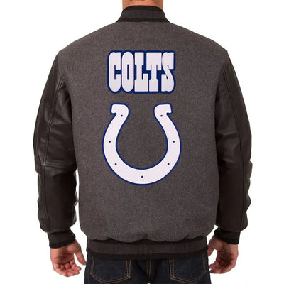 Indianapolis Colts Charcoal Wool and Black Genuine Leather Sleeves Men's Varsity Letterman Jacket