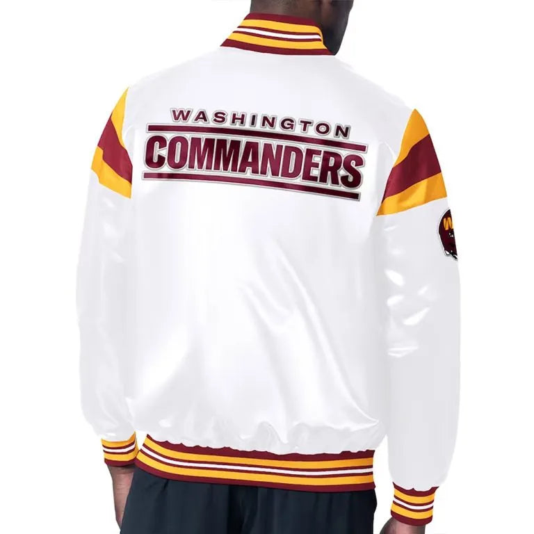 Washington Commanders Midweight Full-Snap Varsity White Satin Men's Bomber Jacket