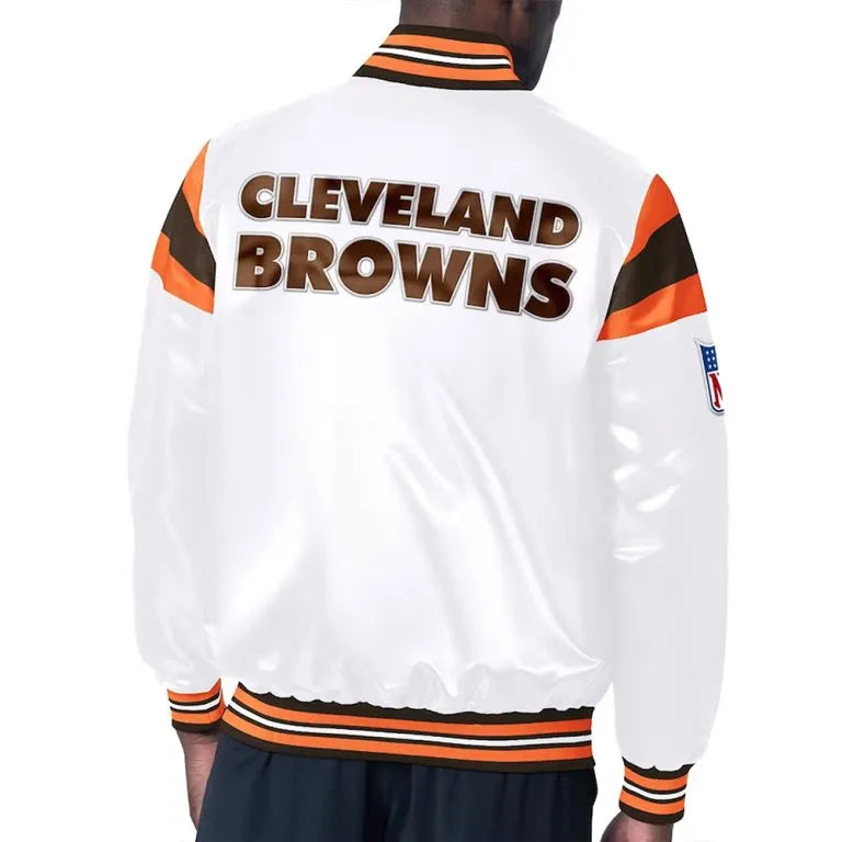 Cleveland Browns Midweight Full-Snap Varsity White Satin Men's Bomber Jacket