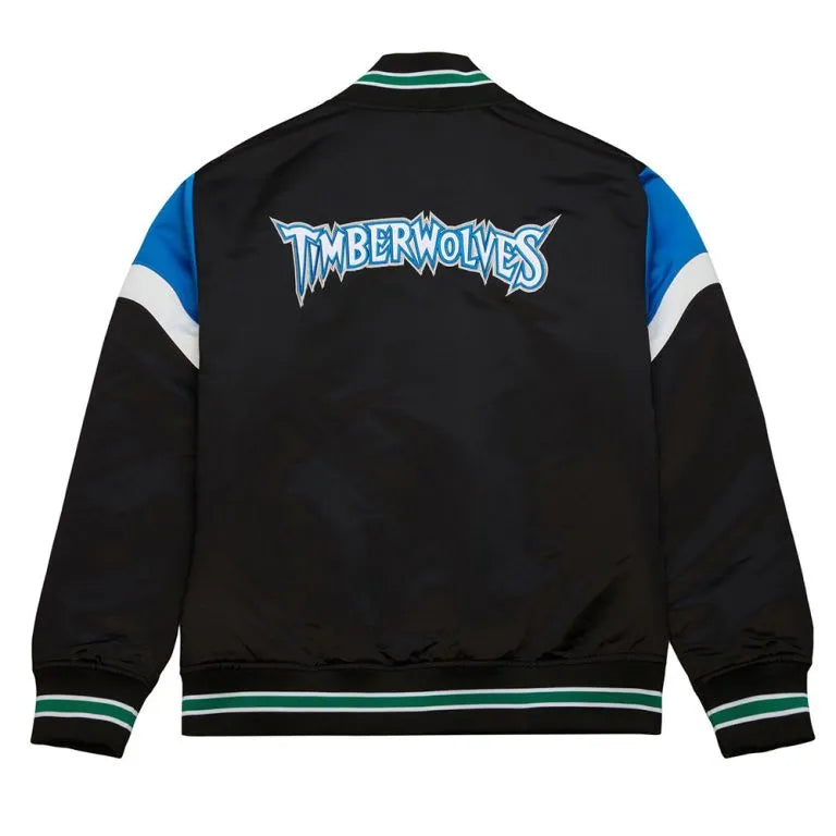 Minnesota Timberwolves Heavyweight Full-Snap Varsity Black Satin Men's Bomber Jacket