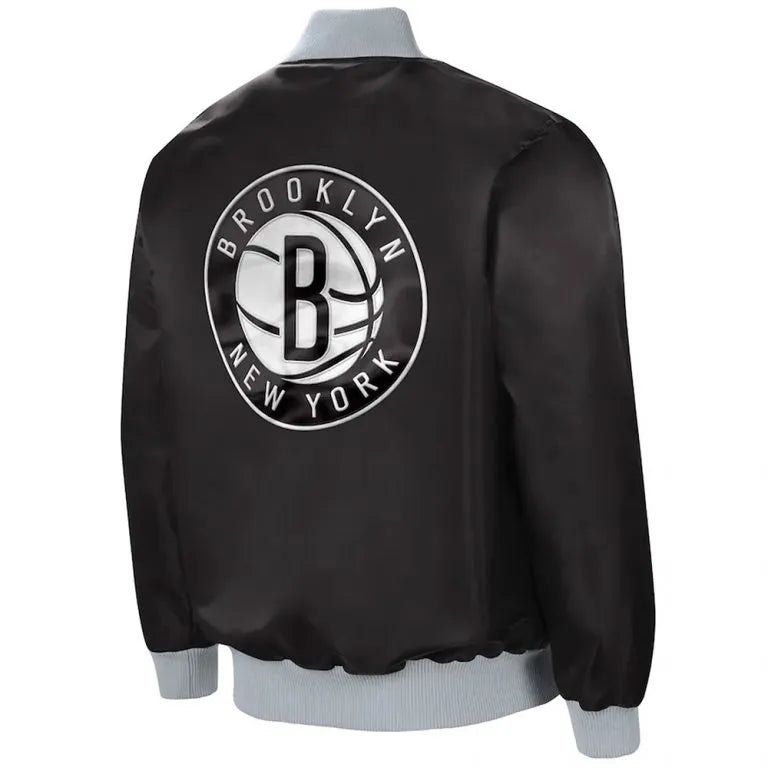 Brooklyn Nets The Ambassador Full-Snap Varsity Black Satin Men's Bomber Jacket
