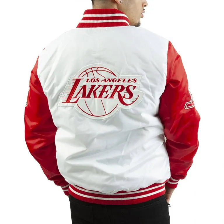 Los Angeles Lakers Full-Snap Varsity White and Red Satin Men's Bomber Jacket