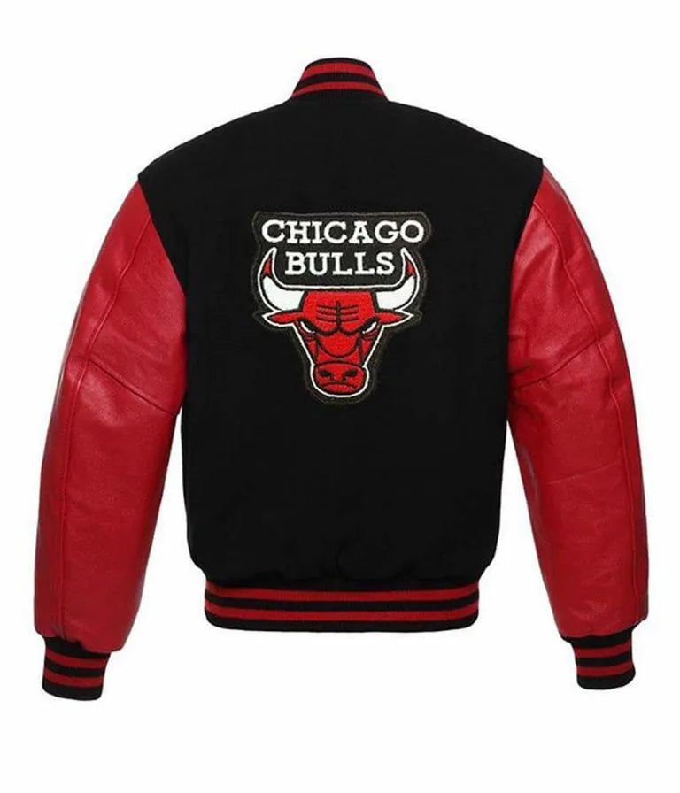 Chicago Bulls Black Wool & Red Genuine Leather Sleeves Men's Varsity Letterman Jacket
