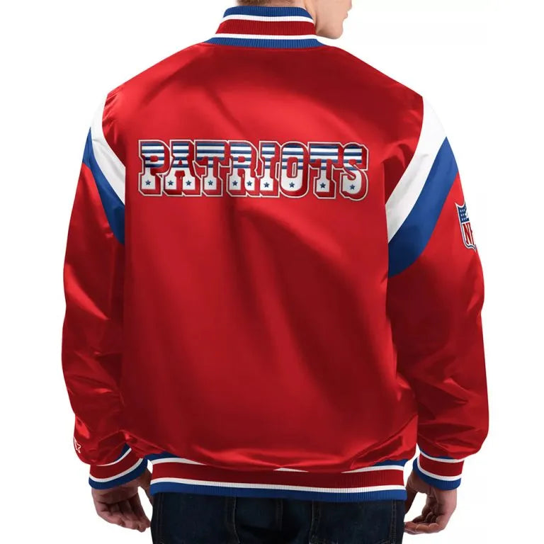 New England Patriots Shutout Throwback Full-Snap Varsity Red Satin Men's Bomber Jacket