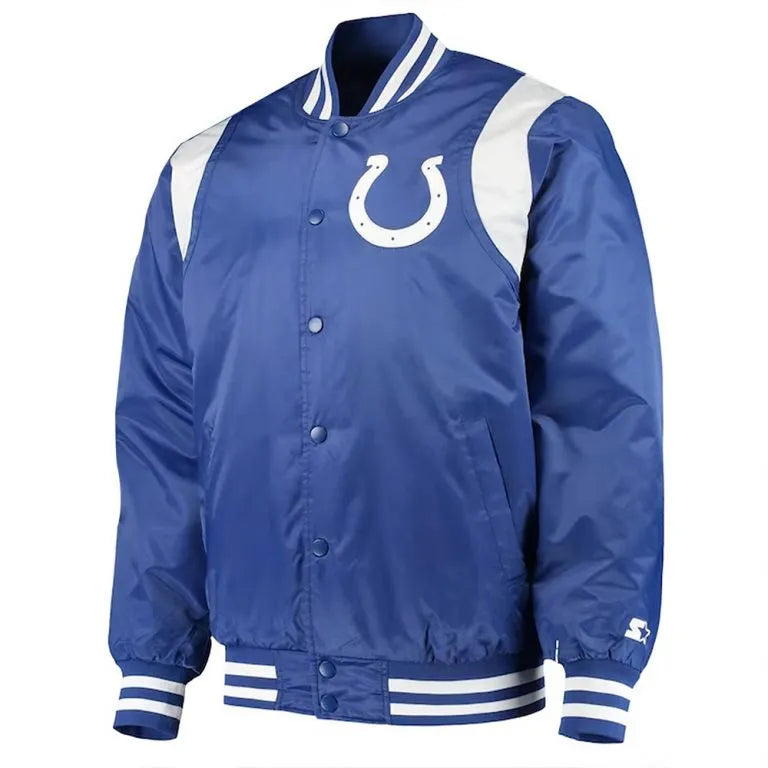 Indianapolis Colts Full-Snap Varsity White and Royal Blue Satin Men's Bomber Jacket