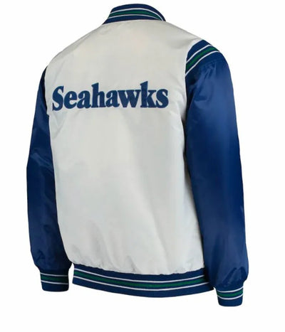 Seattle Seahawks Historic Logo Renegade Full-Snap Varsity White and Blue Satin Men's Bomber Jacket
