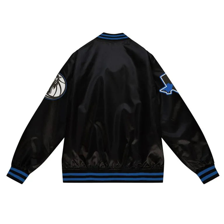 Dallas Mavericks 2023-24 City Edition Full-Snap Varsity Black Satin Men's Bomber Jacket