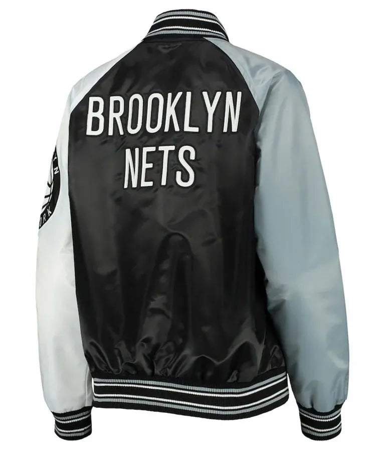 Brooklyn Nets Reliever Raglan Full-Snap Varsity Tri Color Satin Men's Bomber Jacket