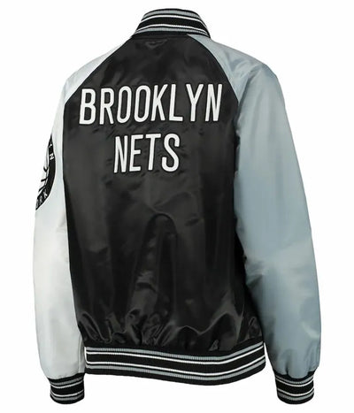Brooklyn Nets Reliever Raglan Full-Snap Varsity Tri Color Satin Men's Bomber Jacket