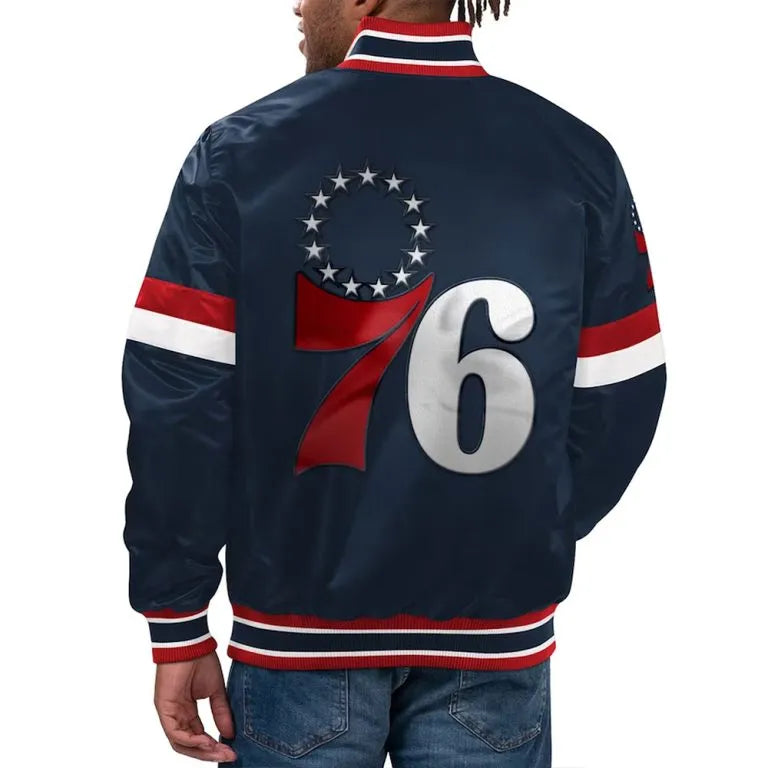 Philadelphia 76ers Home Game Full-Snap Varsity Navy Blue Satin Men's Bomber Jacket