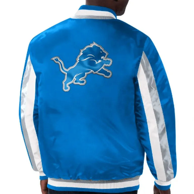 Detroit Lions Stripe Full-Snap Varsity Blue Satin Men's Bomber Jacket