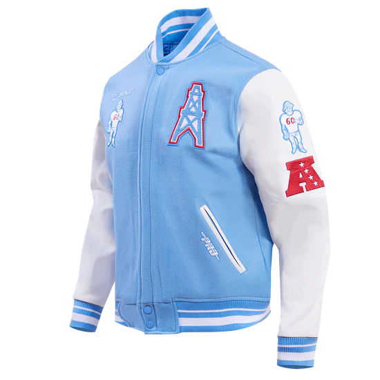 Houston Oilers Sky Blue Wool and White Genuine Leather Sleeves Men's Varsity Letterman Jacket