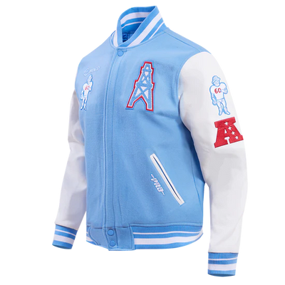 Houston Oilers Sky Blue Wool and White Genuine Leather Sleeves Men's Varsity Letterman Jacket