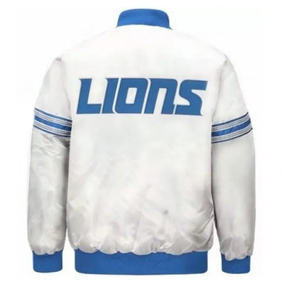Detroit Lions Striped Full-Snap Varsity White Satin Men's Bomber Jacket