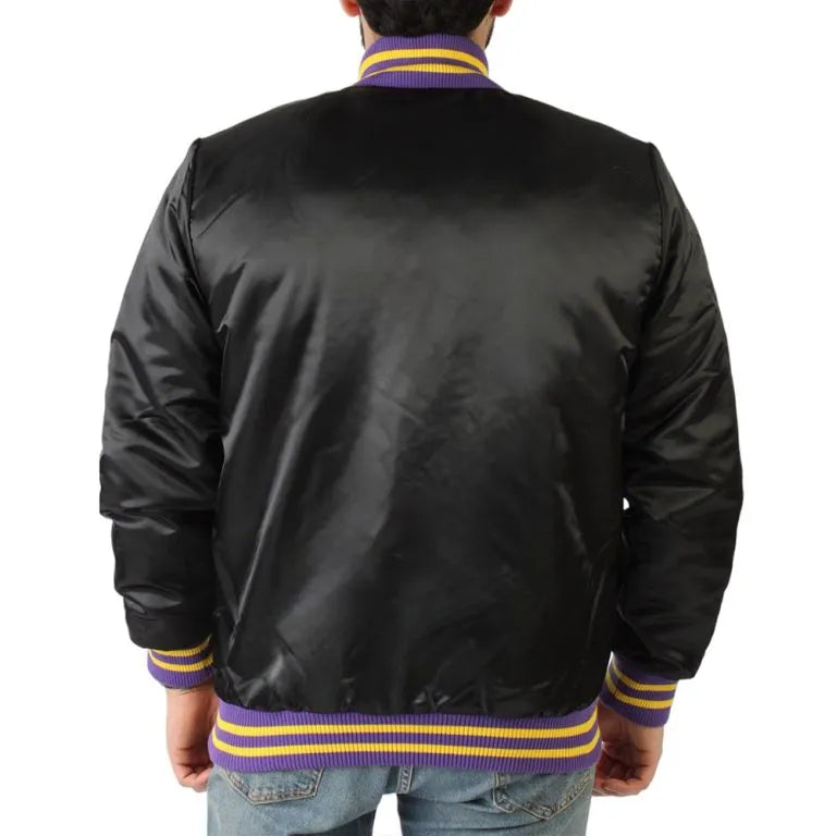 17X Los Angeles Lakers Champions Full-Snap Varsity Black Satin Men's Bomber Jacket